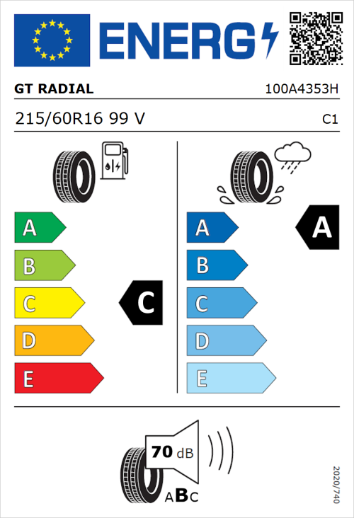 Tyre Label for GT Radial FE2 215/60R16 99V
