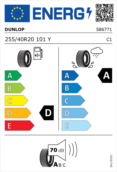Tyre Label for Dunlop SP SPORTMAXX GT600 ROF 255/40R20 101Y